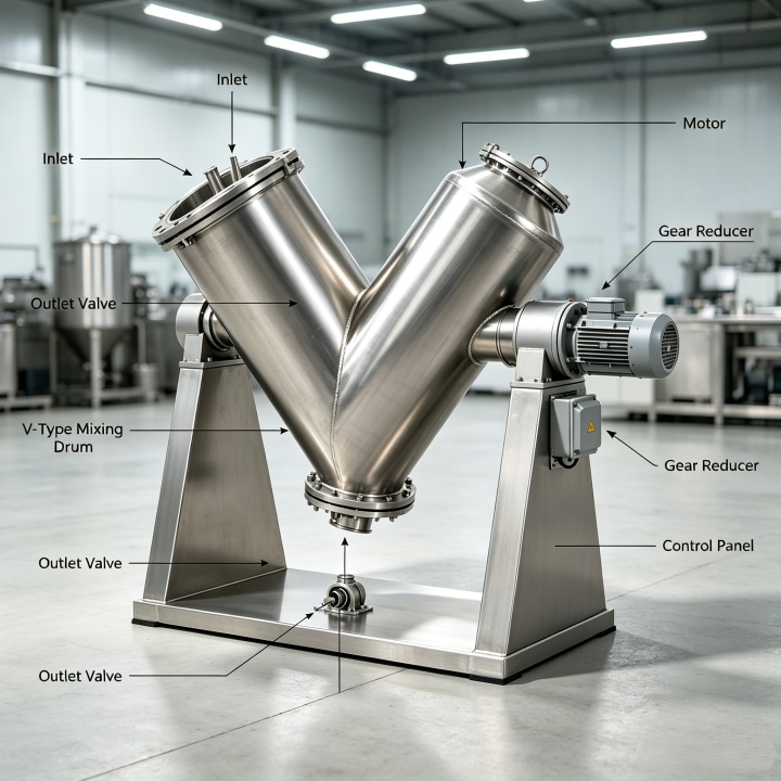 V-Type Powder Mixer structure diagram with feed inlet discharge valve motor and control panel labeled