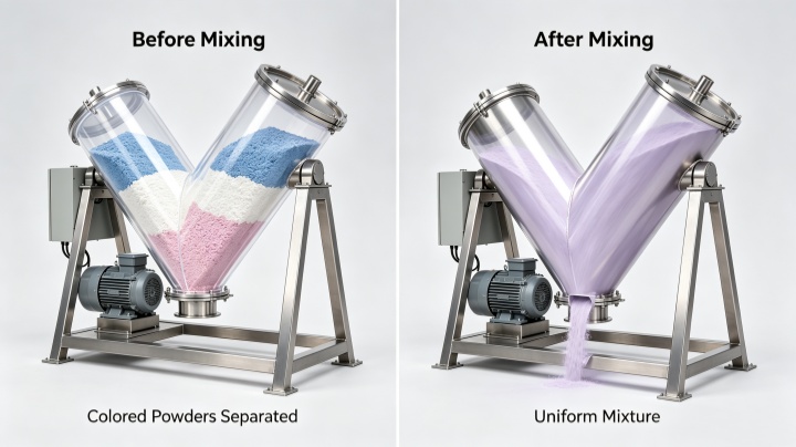 V-Type Powder Mixer rotating tumbling action showing powder blending process and homogeneous mixing result