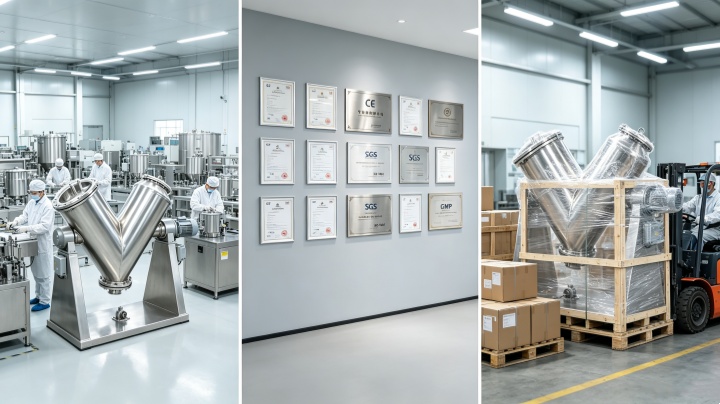V-Type Powder Mixer manufacturing facility with CE SGS and GMP certifications quality assurance