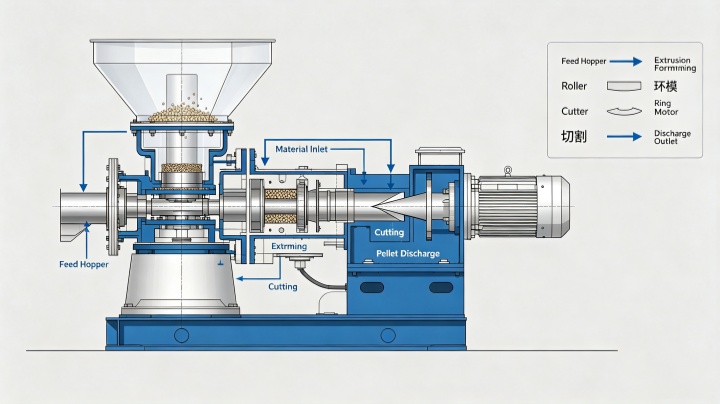Diagram showing how feed pellet machine works: raw material feeding, roller extrusion, cutting and pellet output