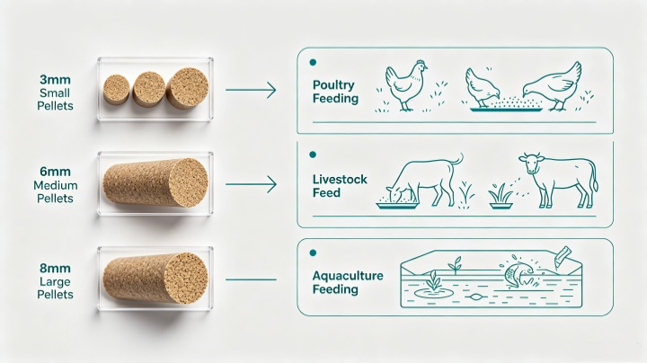 Different sizes of animal feed pellets from 3mm to 8mm suitable for poultry, livestock, and aquaculture