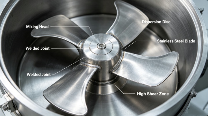 Dual mixing action - stainless steel dispersion disc and stirring blades for high-shear pigment blending