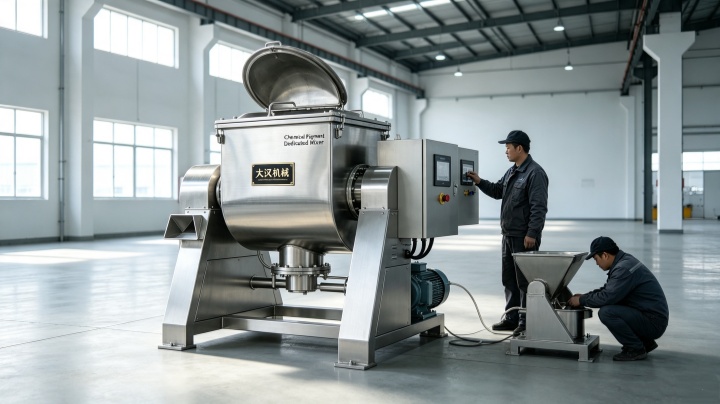 Chemical Pigment Dedicated Mixer in operation with hydraulic lifting system and control panel