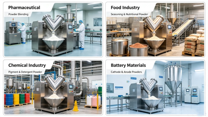 V-Type powder mixer applications in pharmaceutical food chemical and battery material dry powder blending
