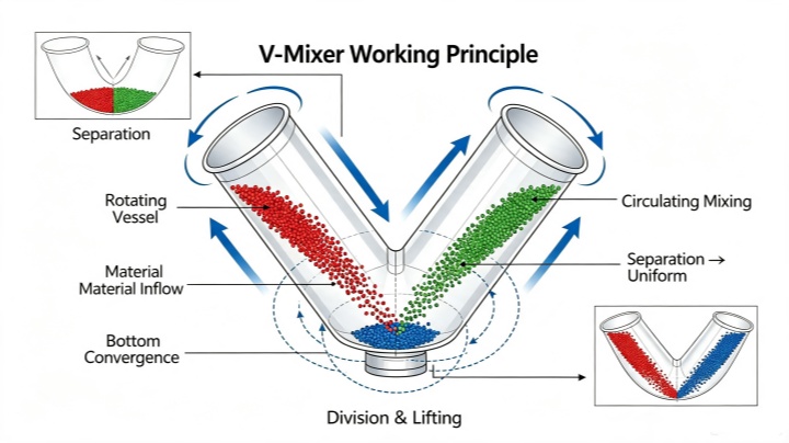 V-shaped blender working principle diagram showing material tumbling and cascading motion
