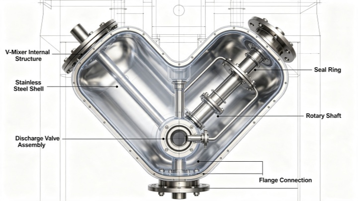 Cross-section view of V-Type powder mixer internal structure with discharge valve