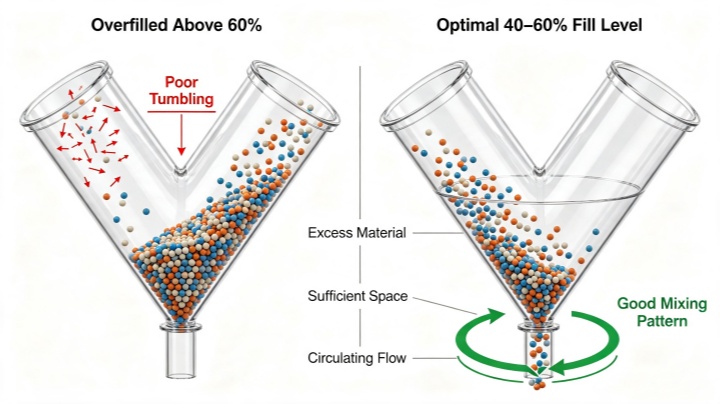 Comparison of correct 40 to 60 percent filling capacity versus overfilled V-Type mixer