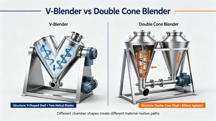 Side-by-side diagram of a V-blender (twin-shell) and a Double Cone blender showing their basic shapes and major components.