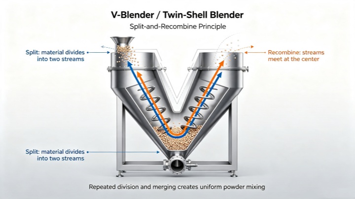 Animated diagram showing the tumbling and splitting action of powder inside a rotating V-blender.