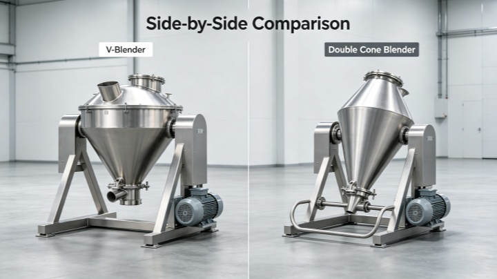 Side-by-side product photo of a stainless steel V-blender and a double cone blender for industrial powder processing.
