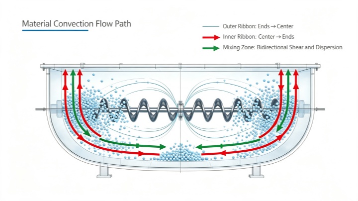 Diagram showing counter-current flow pattern in Horizontal Ribbon Blender with inner and outer ribbon motion