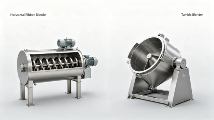Comparison of Horizontal Ribbon Blender left and Tumble Blender right for bulk solids mixing equipment selection