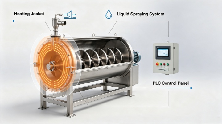 Customized Horizontal Ribbon Blender with heating jacket and PLC control system for industrial production line
