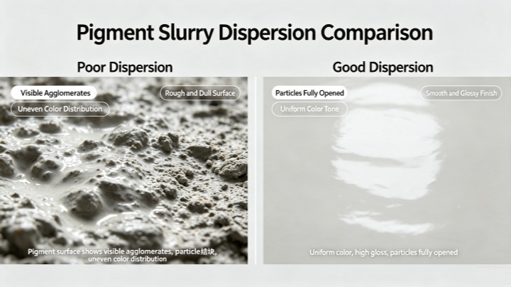 Comparison between poor pigment dispersion with agglomerates and good homogeneous pigment dispersion