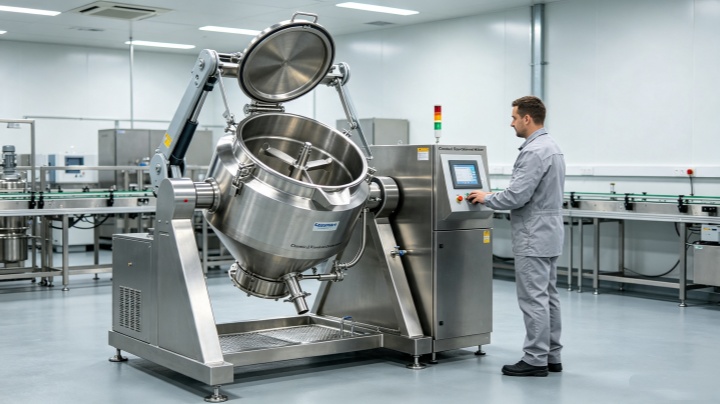 Operational view of chemical pigment mixing equipment with hydraulic lifting system in production facility