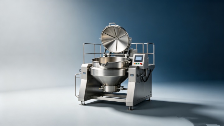 Industrial rubber and plastic thermal mixer with stainless steel mixing chamber, hydraulic tilting discharge system, and PLC control panel for precision temperature control and high-intensity shear compounding