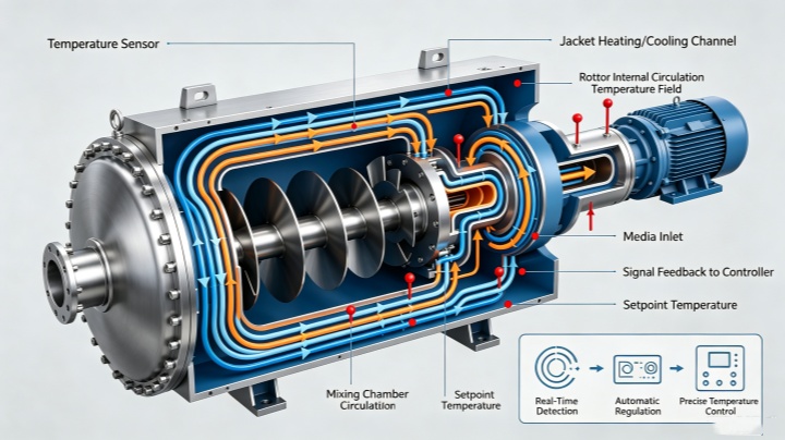 Cross-section diagram of rubber and plastic thermal mixer showing jacketed heating and cooling circulation channels around mixing chamber and through hollow rotors for precise temperature control during compounding