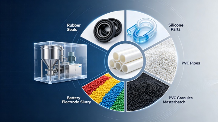 Application examples of rubber and plastic thermal mixer: silicone rubber seals, PVC dry blends, color masterbatches, and adhesive sealants produced with consistent compounding quality