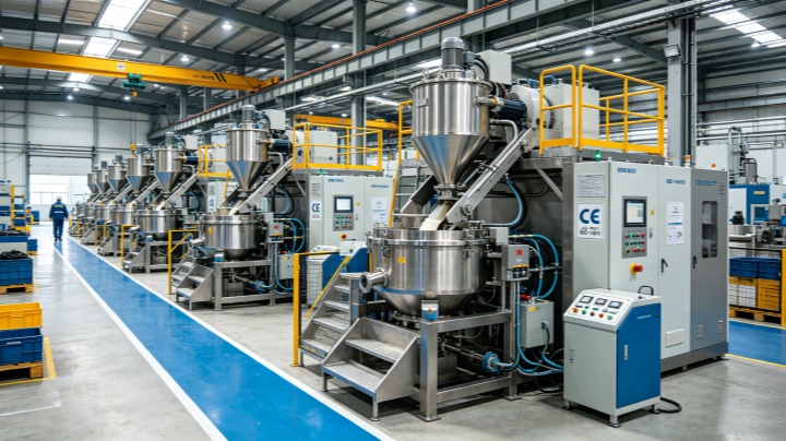 Manufacturing facility for rubber and plastic thermal mixers, showing production line assembly of industrial-scale internal mixers with CE certification for global compounding applications