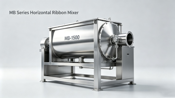 Industrial grade food additive ribbon blender with stainless steel construction and sanitary design for powder blending applications.