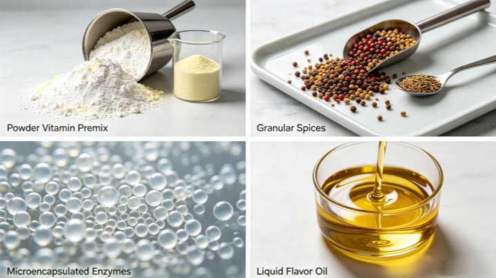 Variety of food additive materials including dry powders, granules, and liquid flavors for ribbon blender mixing.