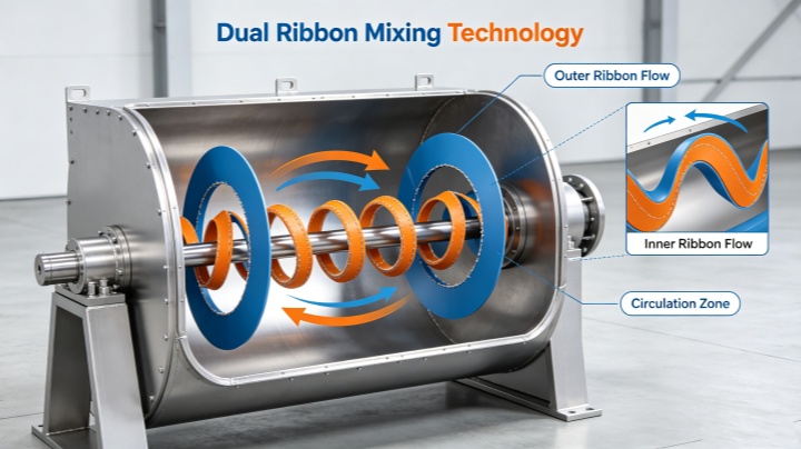 Double ribbon agitator design showing inner and outer helical ribbons for counter-current mixing action in food additive blender.