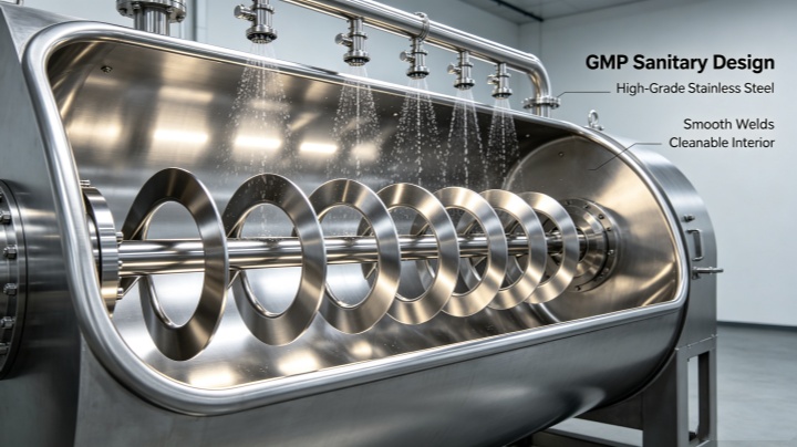Close-up of sanitary stainless steel interior and CIP spray system of a food grade ribbon blender for easy cleaning.