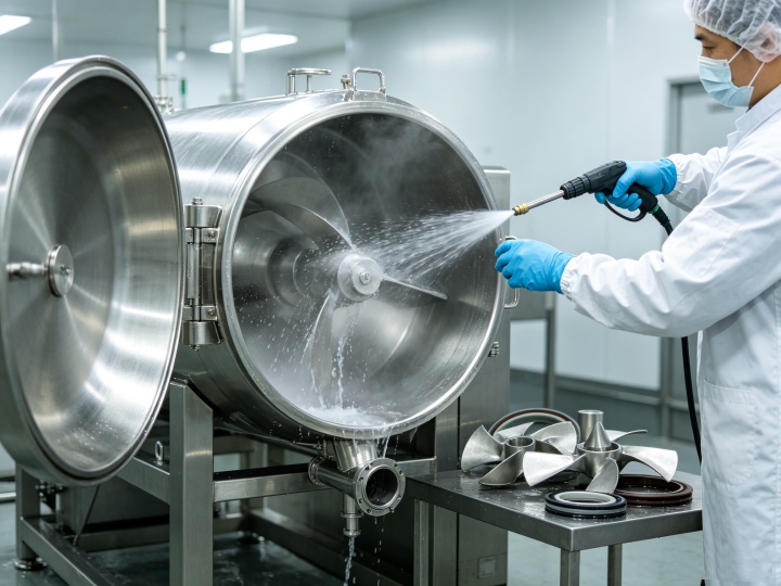 Close-up of polished SS304 stainless steel interior and smooth welds of a food-grade coffee powder mixer, highlighting hygienic design for easy cleaning.