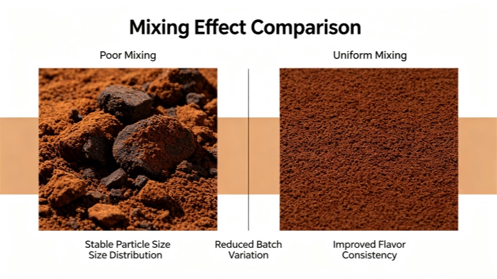 Cross-section diagram of a ploughshare coffee powder mixer showing three-dimensional material movement for homogeneous blending.