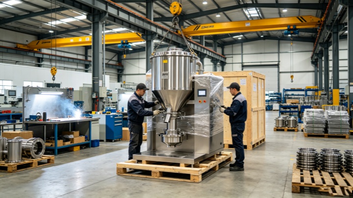 Instant coffee sachets being produced using a food-grade coffee powder mixer, ensuring batch-to-batch flavor consistency.