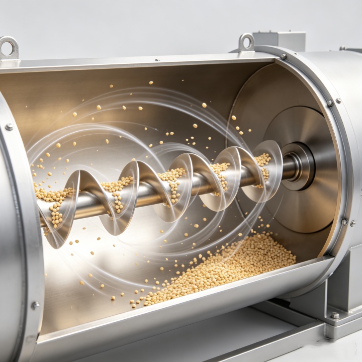 Ribbon mixing mechanism inside amino acid premix feed mixer showing blending action