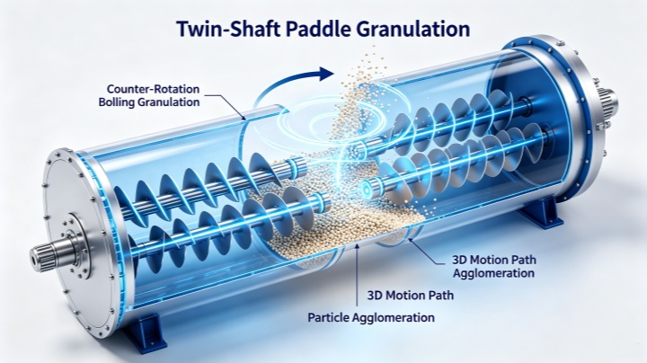 Twin shaft paddle mixer working principle showing contra-rotating shafts and fluidized sand mixing motion in foundry sand preparation