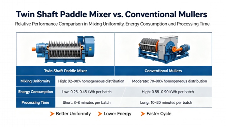 Comparison chart twin shaft paddle mixer versus conventional muller mixer showing 99 percent uniformity and 70 second cycle time