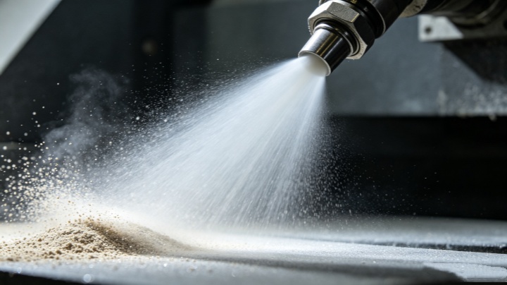 High pressure liquid spray nozzle system atomizing binder onto foundry sand inside twin shaft paddle mixer chamber