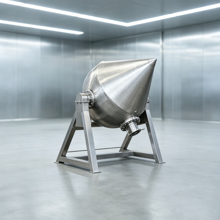 Tilting double cone mixer for pharmaceutical and food powder blending - stainless steel construction