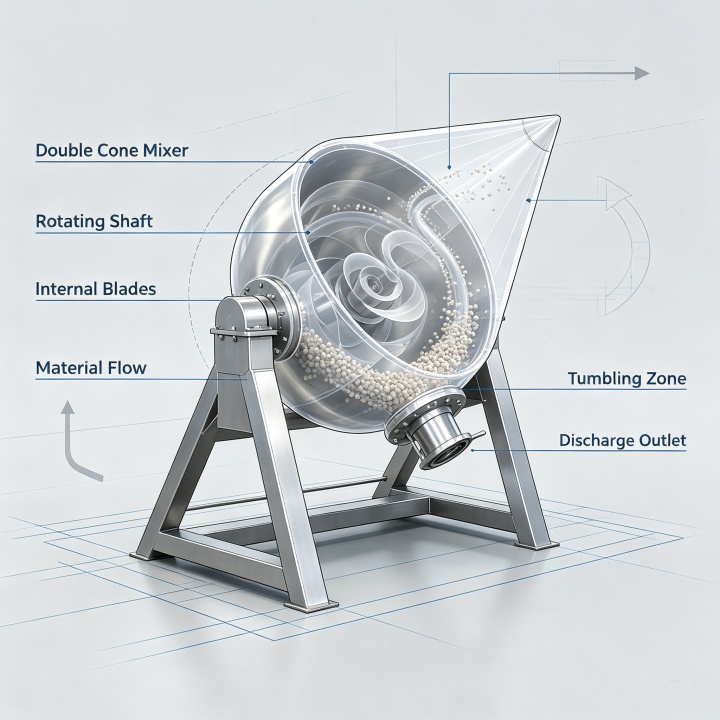 Gentle tumbling action inside tilting double cone mixer for fragile materials