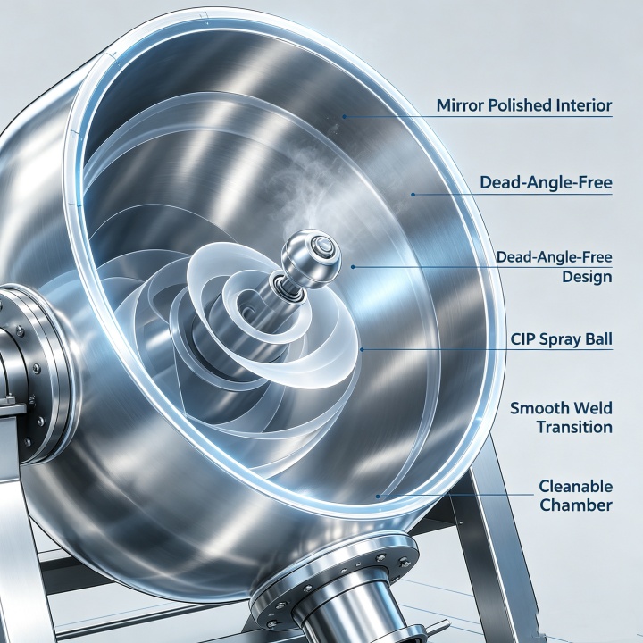 Hygienic internal surface and CIP cleaning design of tilting double cone mixer