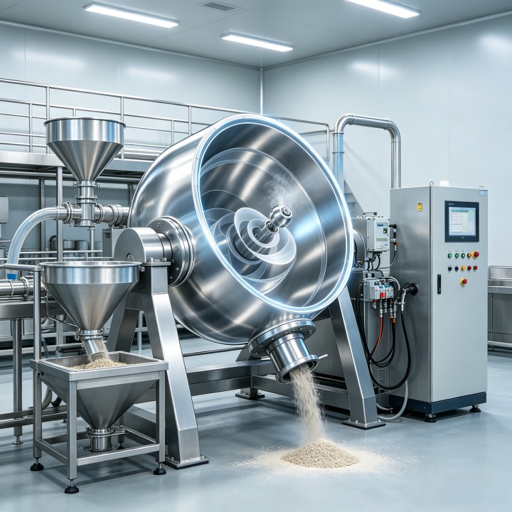 Tilting double cone blender integrated in a food powder processing line