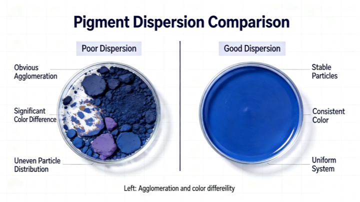 Comparison of uneven pigment agglomeration versus uniform pigment dispersion in paint samples