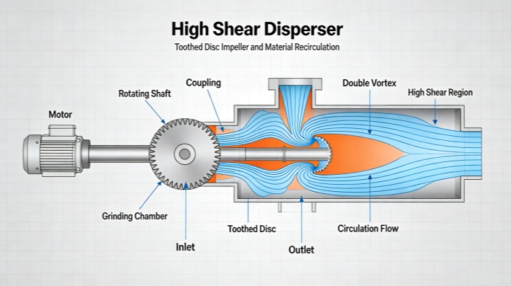 Diagram showing high-speed disperser working principle with saw-tooth impeller and dual vortex formation