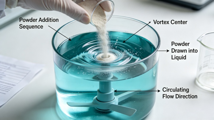 Pigment powder being drawn into vortex during high-speed dispersion process for proper wet-out