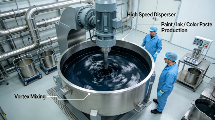 High-speed dispersing mixer operating in paint and coating production line for pigment dispersion