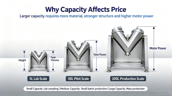 V-Type Powder Mixer size comparison chart showing capacity range from 300L to 10000L industrial powder blending equipment