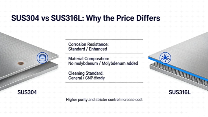 SUS304 vs SUS316L stainless steel contact parts comparison for V-Type Powder Mixer pharmaceutical grade polishing finish