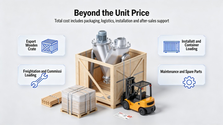 V-Type Powder Mixer export packaging and container loading for international shipping heavy machinery logistics