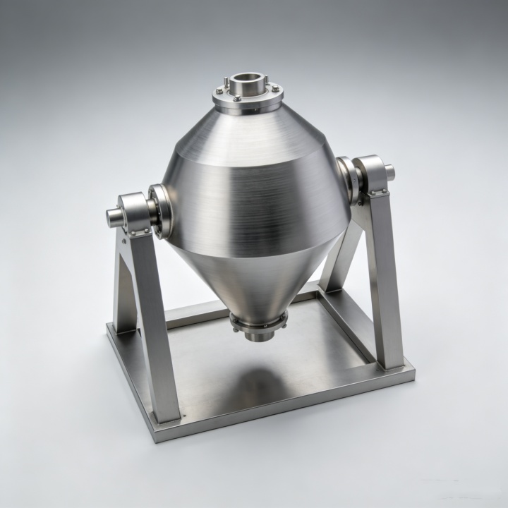 Double cone rotary mixer machine on stainless steel frame with discharge valve