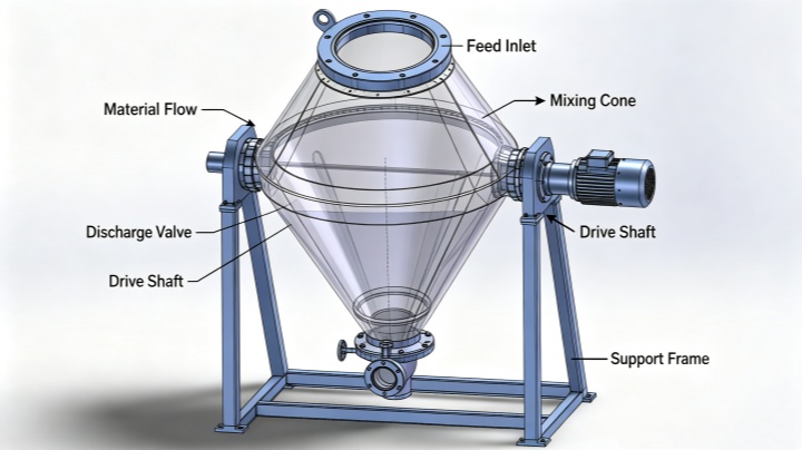 Cutaway diagram showing powder tumbling path inside a double cone blender