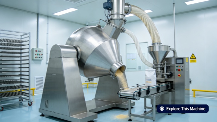 Double cone rotary mixer installed in a production line for pharmaceutical powder blending