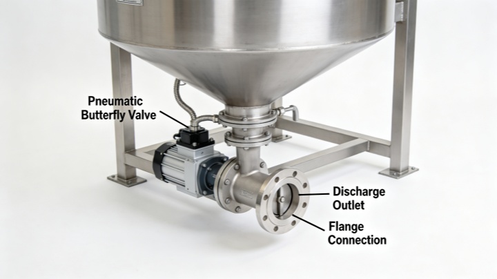 Pneumatic butterfly discharge valve on horizontal ribbon blender