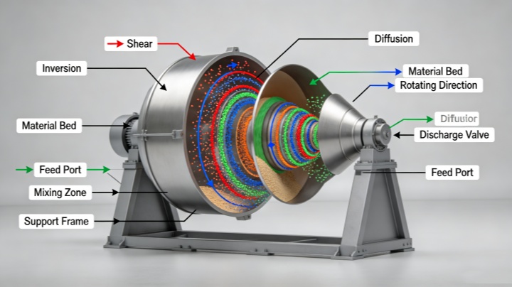 Working principle diagram of Double Cone Rotary Mixer showing material tumbling and diffusion motion
